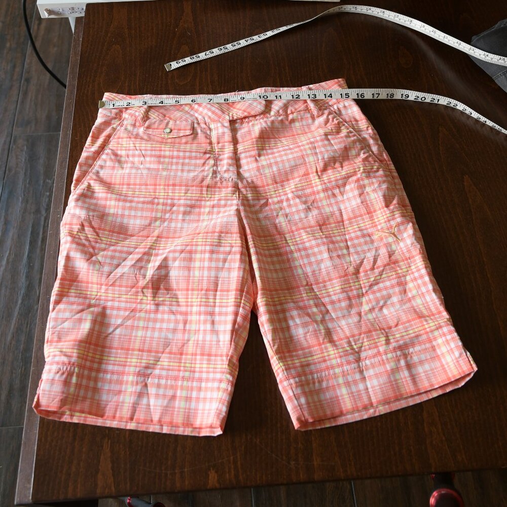 Puma Golf Women's Plaid Bermuda Shorts Coral Pink Drycell Tee Time Size 4